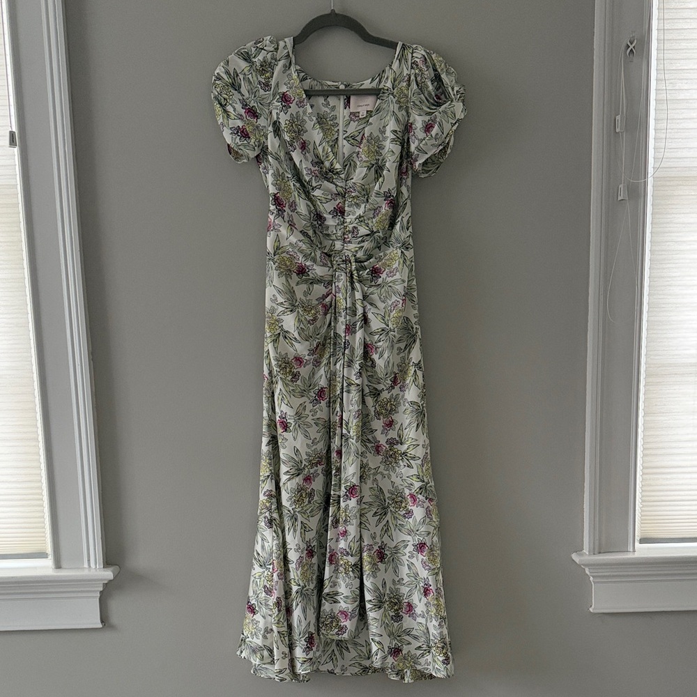 Cinq à Sept Cream, Green and Purple Floral Midi Dress
